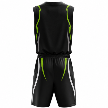 Wholesale basketball uniform in black and green with tribal design and matching shorts