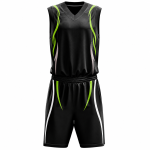 Wholesale basketball uniform in black and green with tribal design and matching shorts