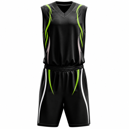 Wholesale basketball uniform in black and green with tribal design and matching shorts