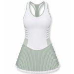 Women's tennis dress in white and sage green with pleated skirt and racerback design, custom sportswear manufacturer for clubs and brands