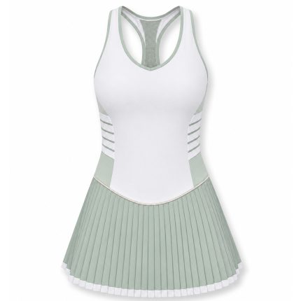 Women's tennis dress in white and sage green with pleated skirt and racerback design, custom sportswear manufacturer for clubs and brands