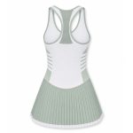 Women's tennis dress in white and sage green with pleated skirt and racerback design, custom sportswear manufacturer for clubs and brands