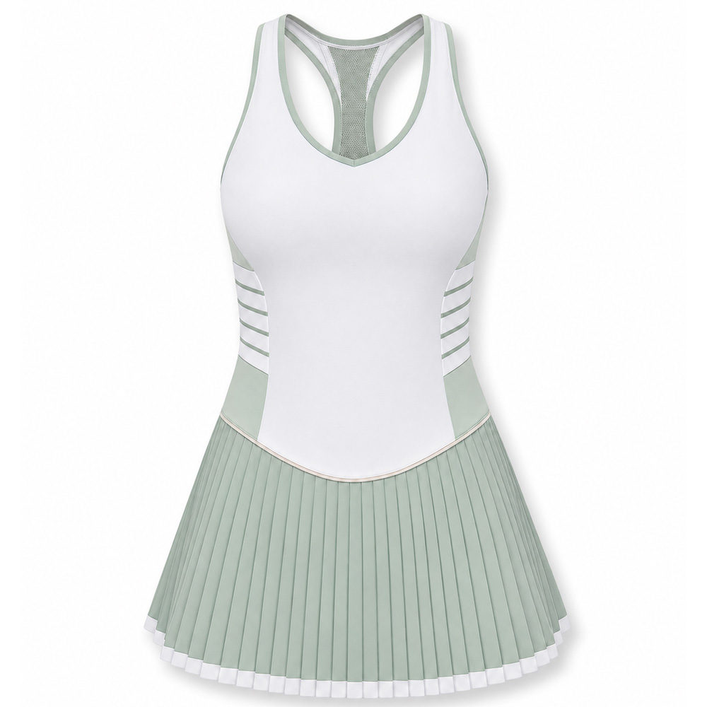 womens-tennis-dress-pleated-racerback-white-sage-green-custom-manufacturer Women's tennis dress in white and sage green with pleated skirt and racerback design, custom sportswear manufacturer for clubs and brands