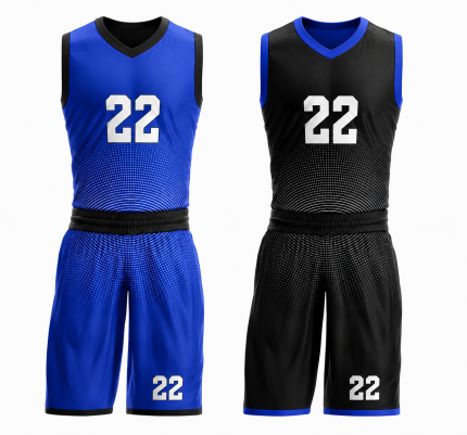 Custom youth reversible basketball uniform in blue and black with circle pattern and number 22