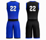 Custom youth reversible basketball uniform in blue and black with circle pattern and number 22
