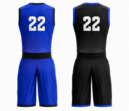 Custom youth reversible basketball uniform in blue and black with circle pattern and number 22