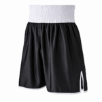 Custom boxing shorts in black and white satin with wide elastic waistband