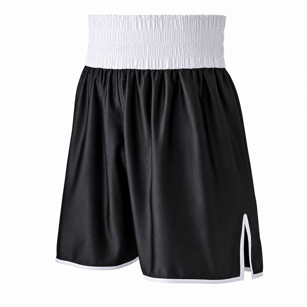 custom-boxing-shorts-black-and-white-satin-trunks.jpg Custom boxing shorts in black and white satin with wide elastic waistband