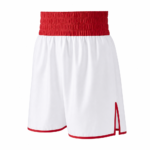 Custom boxing shorts in white and red satin for fightwear wholesale