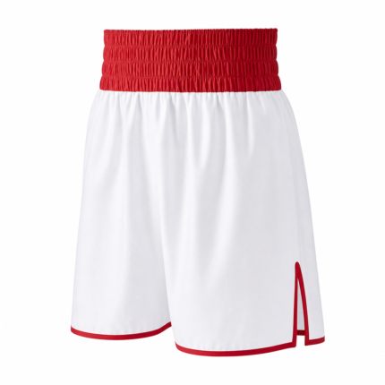 Custom boxing shorts in white and red satin for fightwear wholesale