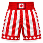 Custom canada flag boxing shorts in red and white satin with maple leaf trim and elastic waistband
