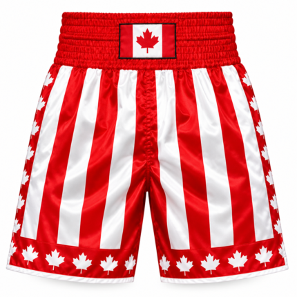 Custom canada flag boxing shorts in red and white satin with maple leaf trim and elastic waistband