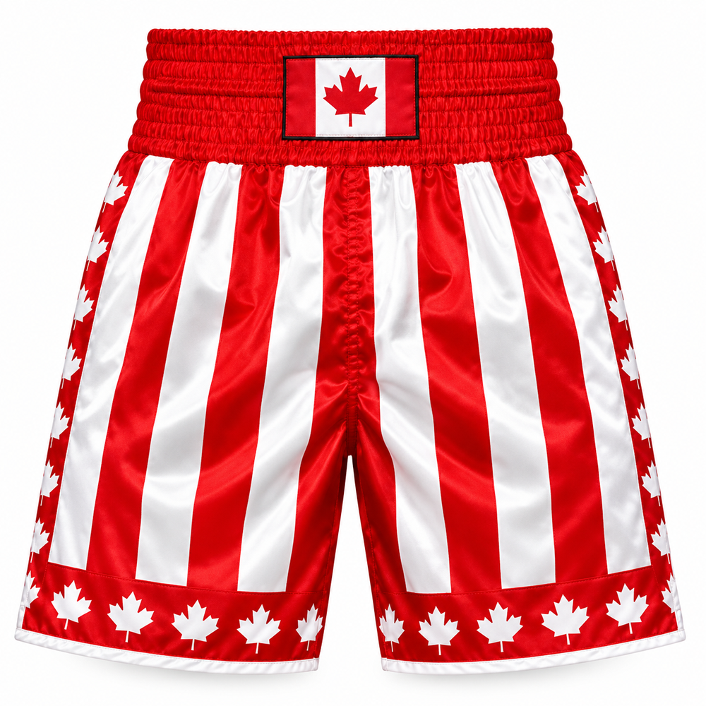 custom-canada-flag-boxing-shorts-red-white-satin.jpg Custom canada flag boxing shorts in red and white satin with maple leaf trim and elastic waistband