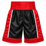 Custom embellished boxing shorts in black and red satin with fringe tassels and white side trim