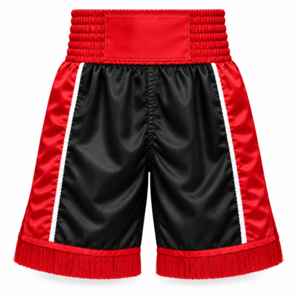 Custom embellished boxing shorts in black and red satin with fringe tassels and white side trim