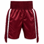 Custom fringe boxing shorts in maroon satin with white side stripes and hanging side fringe tassels