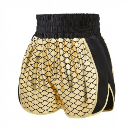Custom gold boxing shorts with metallic mermaid scale pattern and black elastic waistband