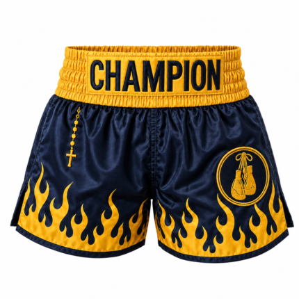 Custom printed embroidered boxing shorts in navy and gold satin with flame graphics and championship waistband