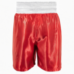 Custom red and white boxing shorts in satin with wide waistband for fightwear wholesale
