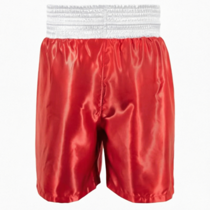 Custom red and white boxing shorts in satin with wide waistband for fightwear wholesale