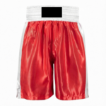 Custom red and white boxing shorts in satin with wide waistband for fightwear wholesale
