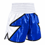 Custom sequin boxing shorts in blue and white satin with sparkling lightning bolt design and black sequin trim