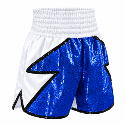 Custom sequin boxing shorts in blue and white satin with sparkling lightning bolt design and black sequin trim