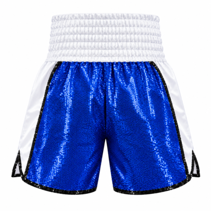 Custom sequin boxing shorts in blue and white satin with sparkling lightning bolt design and black sequin trim