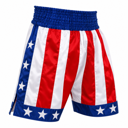 Custom usa flag boxing shorts in red and white satin with blue star borders and elastic waistband