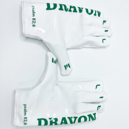 Custom white football receiver gloves backhand with custom logo printing and wrist closure