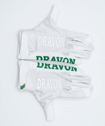 Custom white football receiver gloves with sticky green silicone palm and psalm scripture