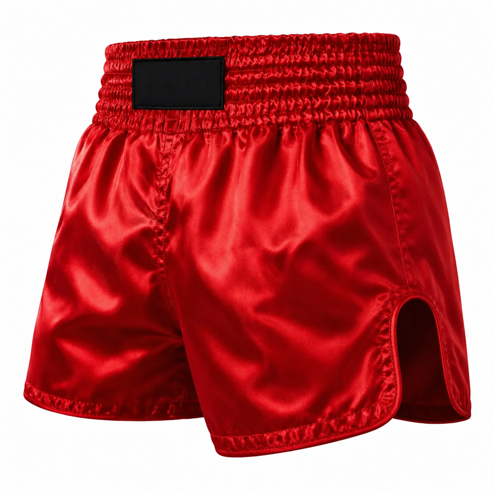 basics-muay-thai-shorts-red-satin-custom-logo.jpg Red satin basics muay thai shorts with U-cut side slits and blank waist patch for custom logo