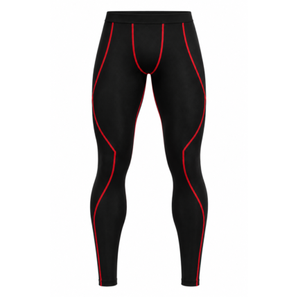 Black and red custom compression pants with ergonomic flatlock stitching for fitness and MMA spats