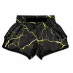 Black marble muay thai shorts in custom satin with gold marble veins and wide waistband