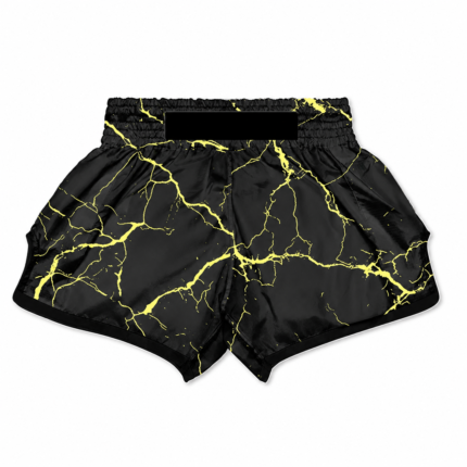 Black marble muay thai shorts in custom satin with gold marble veins and wide waistband