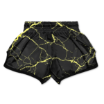 Black marble muay thai shorts in custom satin with gold marble veins and wide waistband