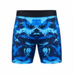 Blue custom camo compression shorts with sublimated pattern and black waistband
