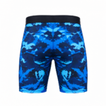 Blue custom camo compression shorts with sublimated pattern and black waistband