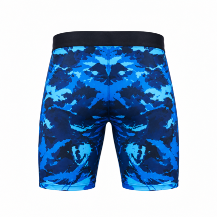 Blue custom camo compression shorts with sublimated pattern and black waistband