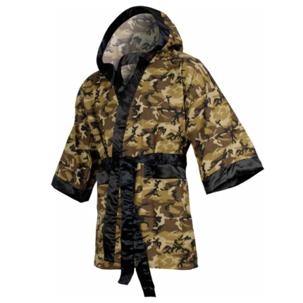 custom camo boxing robe with hood and black satin trim by Dravon Industries
