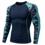 Camo Long Sleeve Rash Guard in navy blue with teal camo sleeves for private label sportswear manufacturing