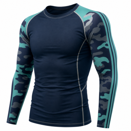 Camo Long Sleeve Rash Guard in navy blue with teal camo sleeves for private label sportswear manufacturing