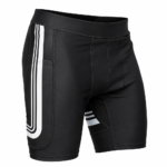 Black core custom jiu jitsu compression shorts with white side stripes and phone pocket for MMA