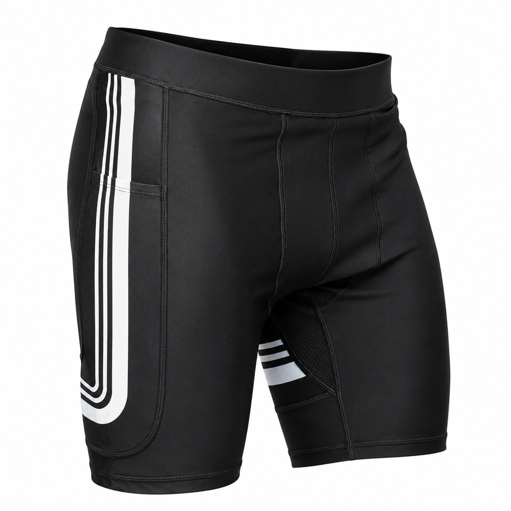 core-custom-jiu-jitsu-compression-shorts-mma-bjj.jpg Black core custom jiu jitsu compression shorts with white side stripes and phone pocket for MMA