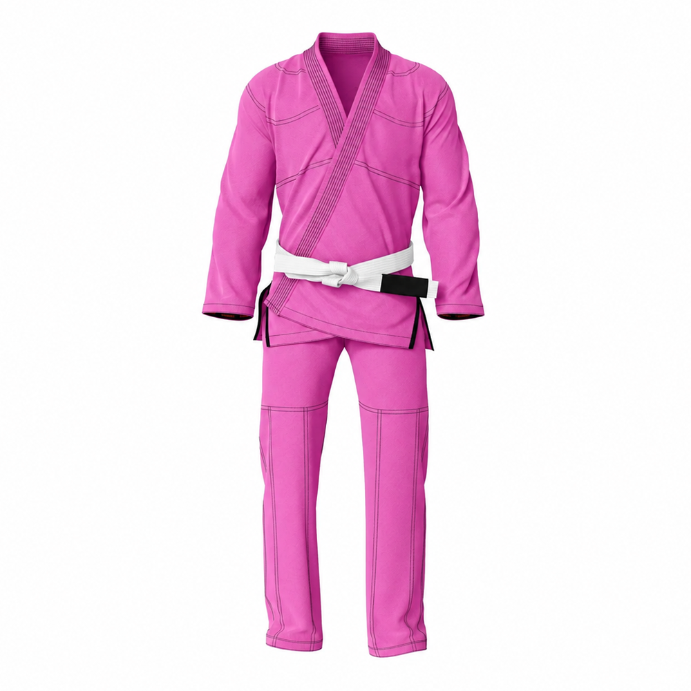 custom-bjj-gi-pink-pearl-weave-kimono.jpg Custom bjj gi in vibrant pink 450 gsm pearl weave cotton with white belt