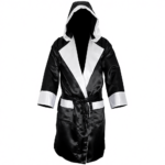 custom black boxing robe with hood and white satin trim by Dravon Industries