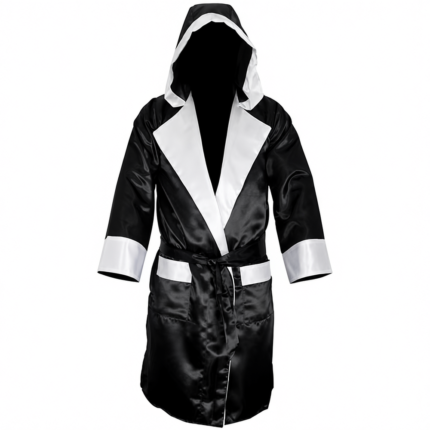 custom black boxing robe with hood and white satin trim by Dravon Industries
