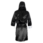 custom black boxing robe with hood and white satin trim by Dravon Industries