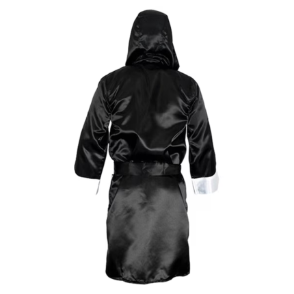 custom black boxing robe with hood and white satin trim by Dravon Industries