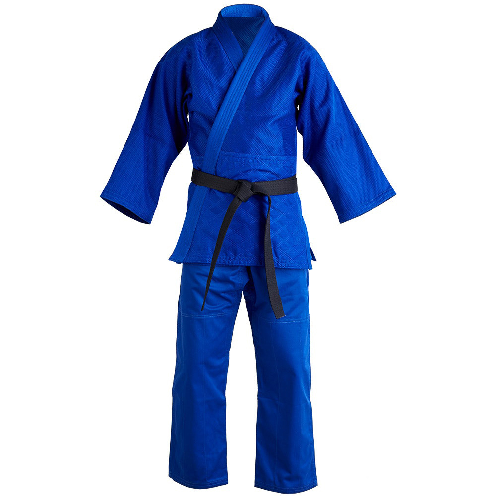 custom-blue-judo-gi-single-weave-cotton-judogi.jpg Custom blue judo gi in pre shrunk single weave cotton with black belt